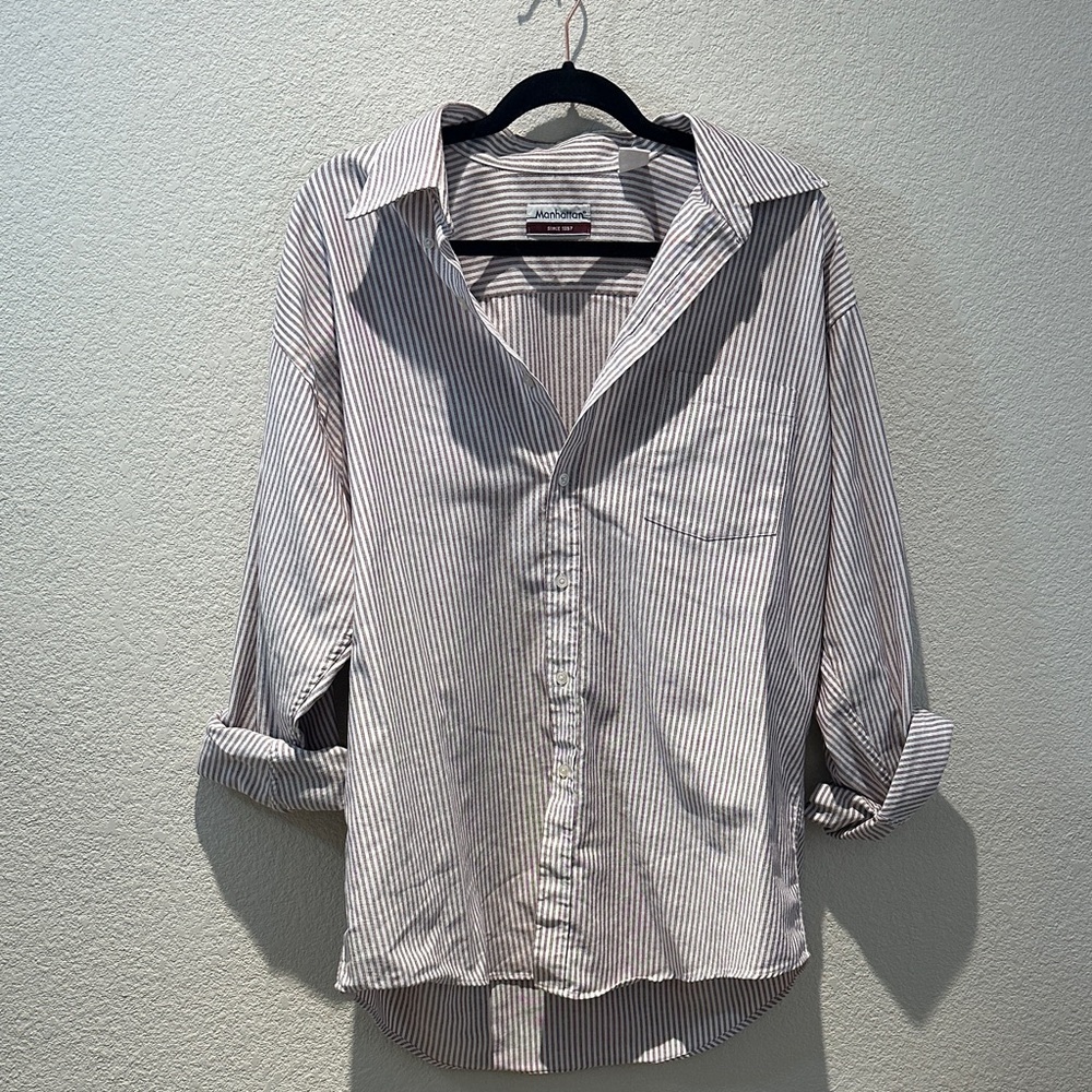 Manhattan Striped Button-Down Shirt - White & Maroon Size 34-35